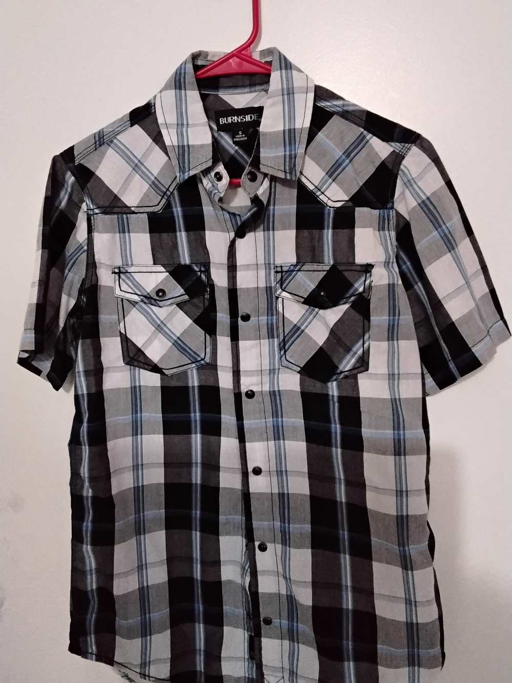 burnside Men’s Black, White & Light Blue Plaid Short-Sleeve Button-Up Shirt